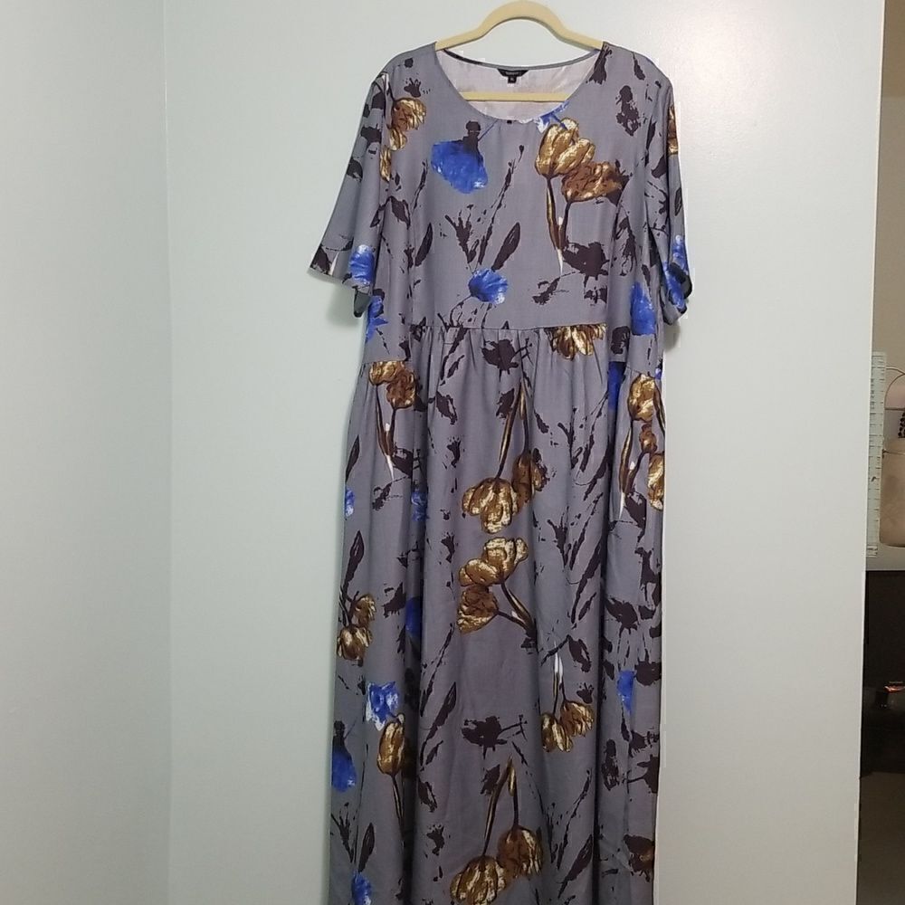 Floryday dusty blue with brown floral print maxi dress, size XL. NWT.